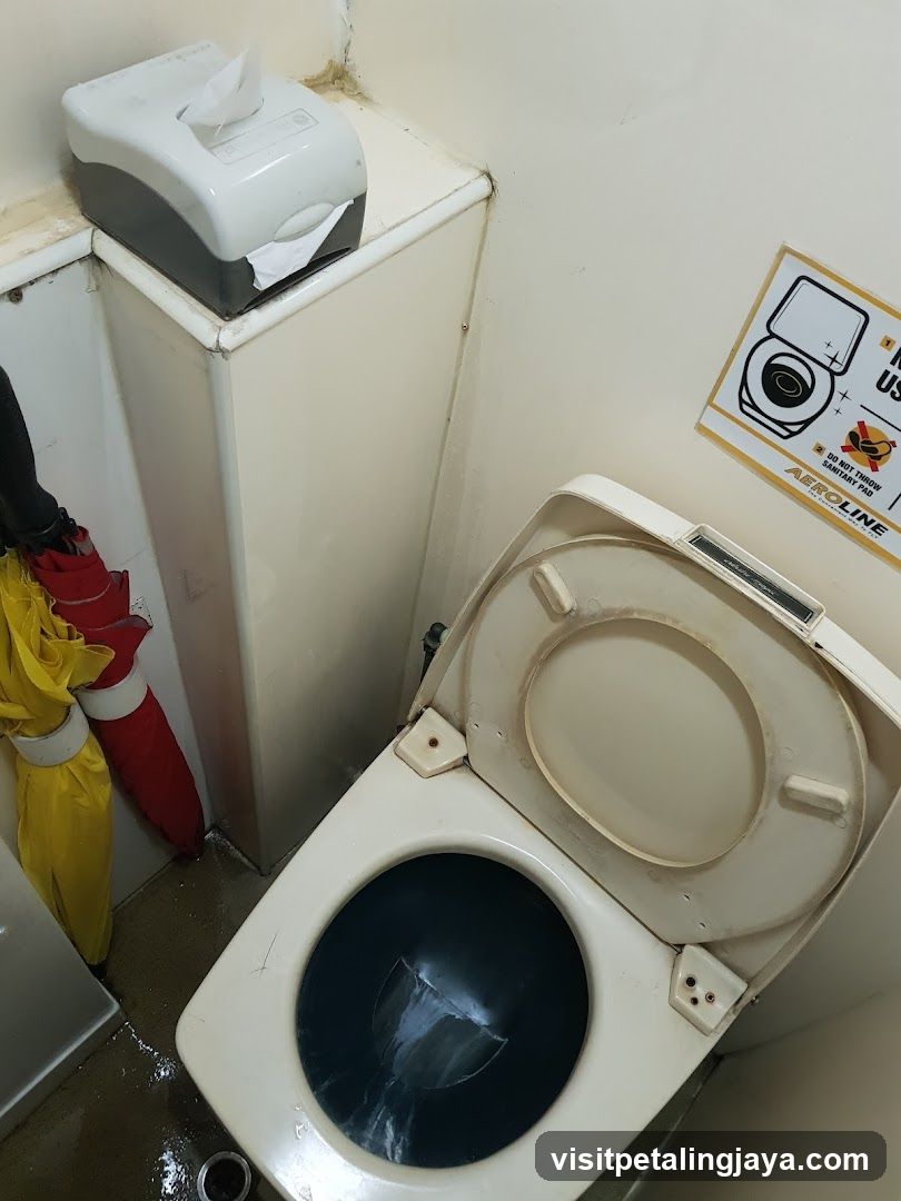 Restroom Interior with Toilet and Umbrellas