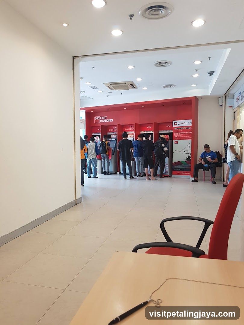 Bank Interior with ATM Queue