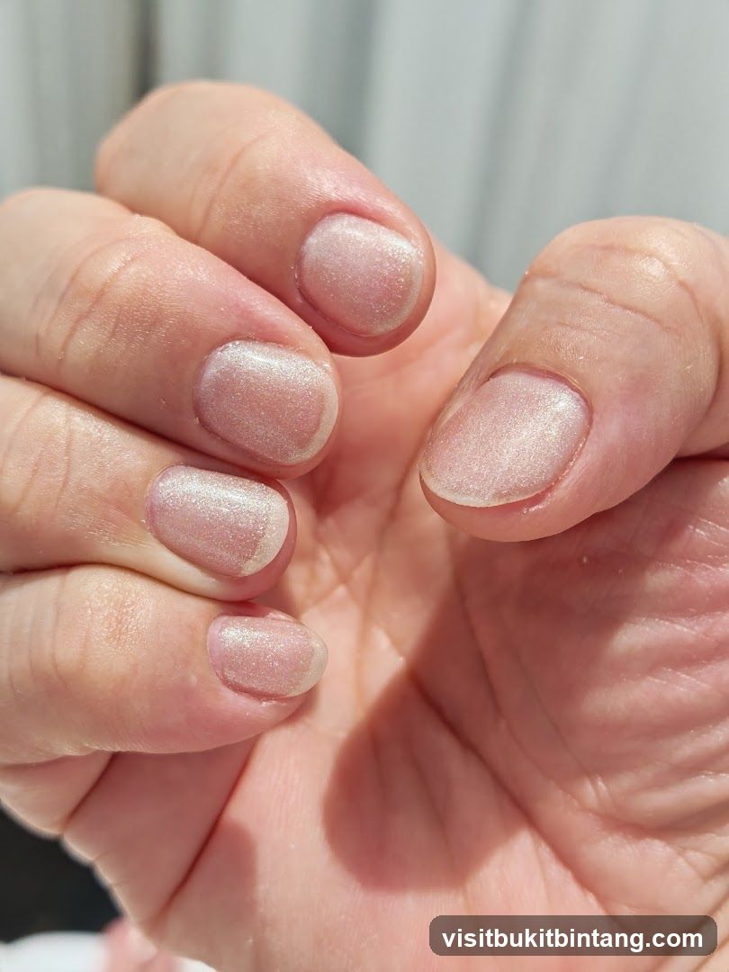Close-up of a hand with light pink glitter nail polish