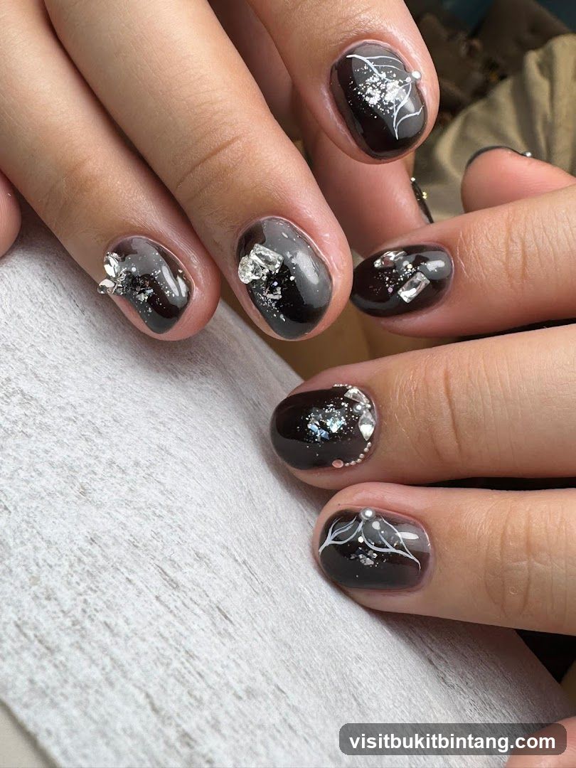 Dark Nails with Silver Accents