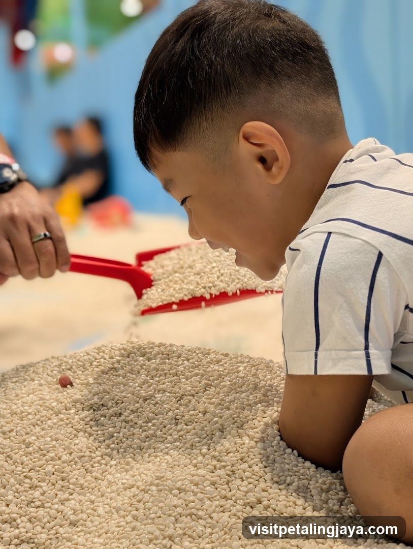 Child Playing with Rice in Indoor Sandpit