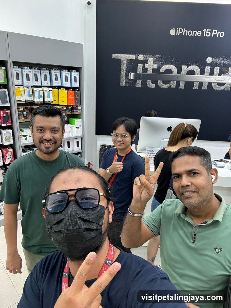 Group selfie in electronics store