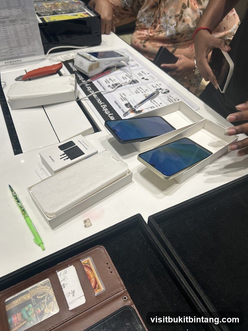Smartphones and accessories on display