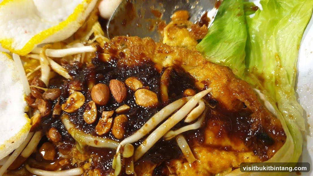 Close-up of a dish with fried tofu, bean sprouts, peanuts, and crackers.