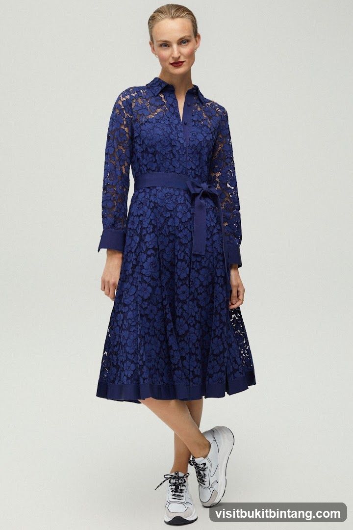 Woman in Blue Lace Dress and Sneakers