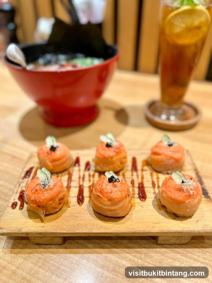Salmon Bites with Ramen and Iced Tea