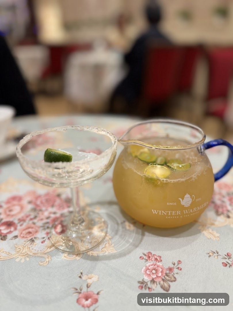 Beverages on a floral tablecloth