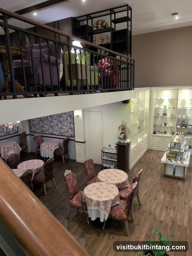 Interior of a cafe with seating and display shelves