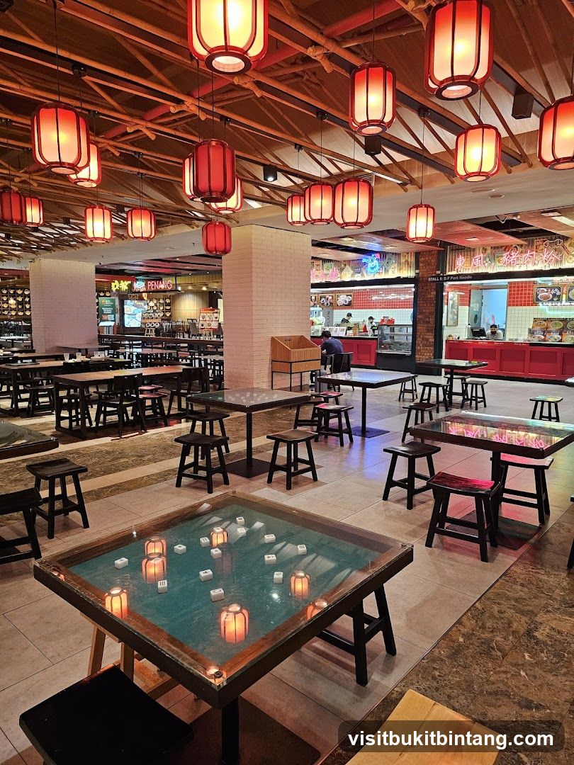 Food court with tables and chairs