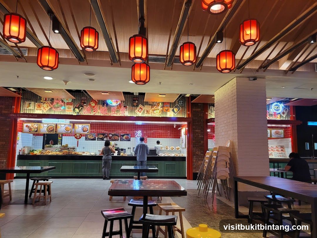 Food court interior with Asian-themed decor