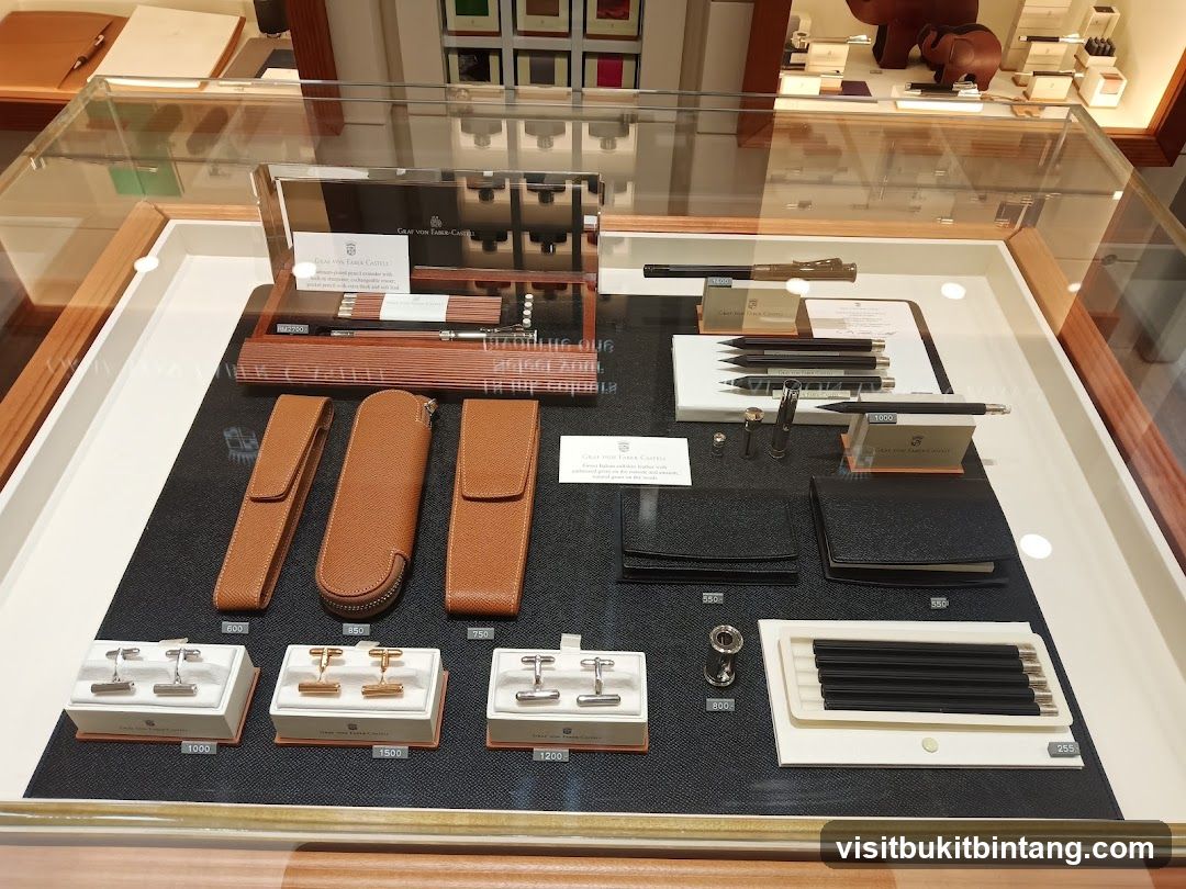 Display case with writing instruments and accessories