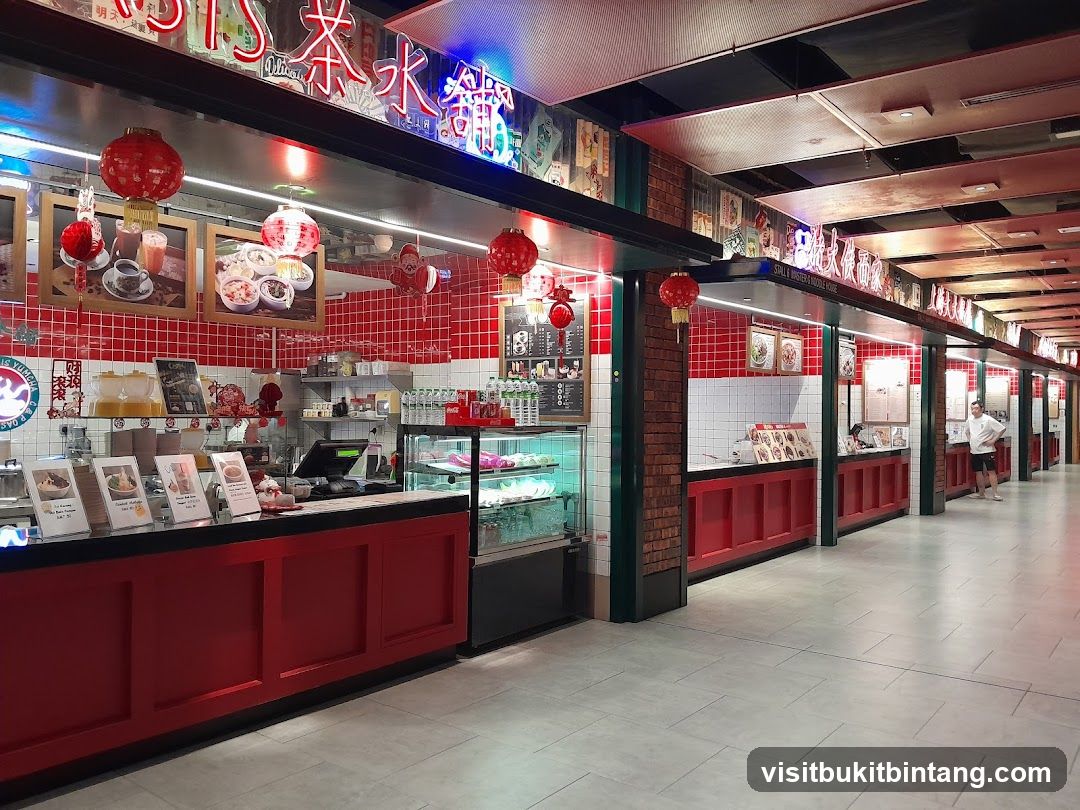 Food stalls with red accents and Chinese lanterns