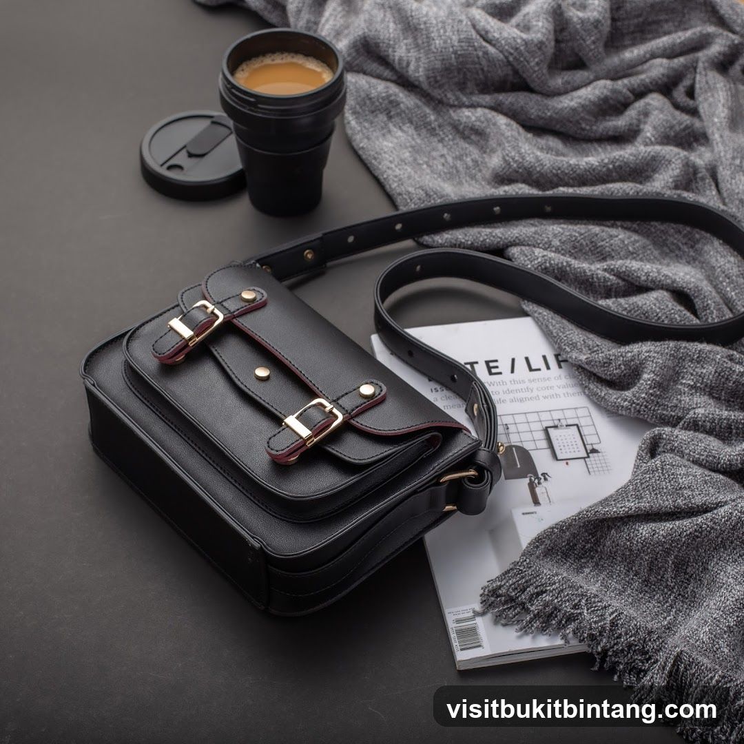 Black handbag with coffee and scarf