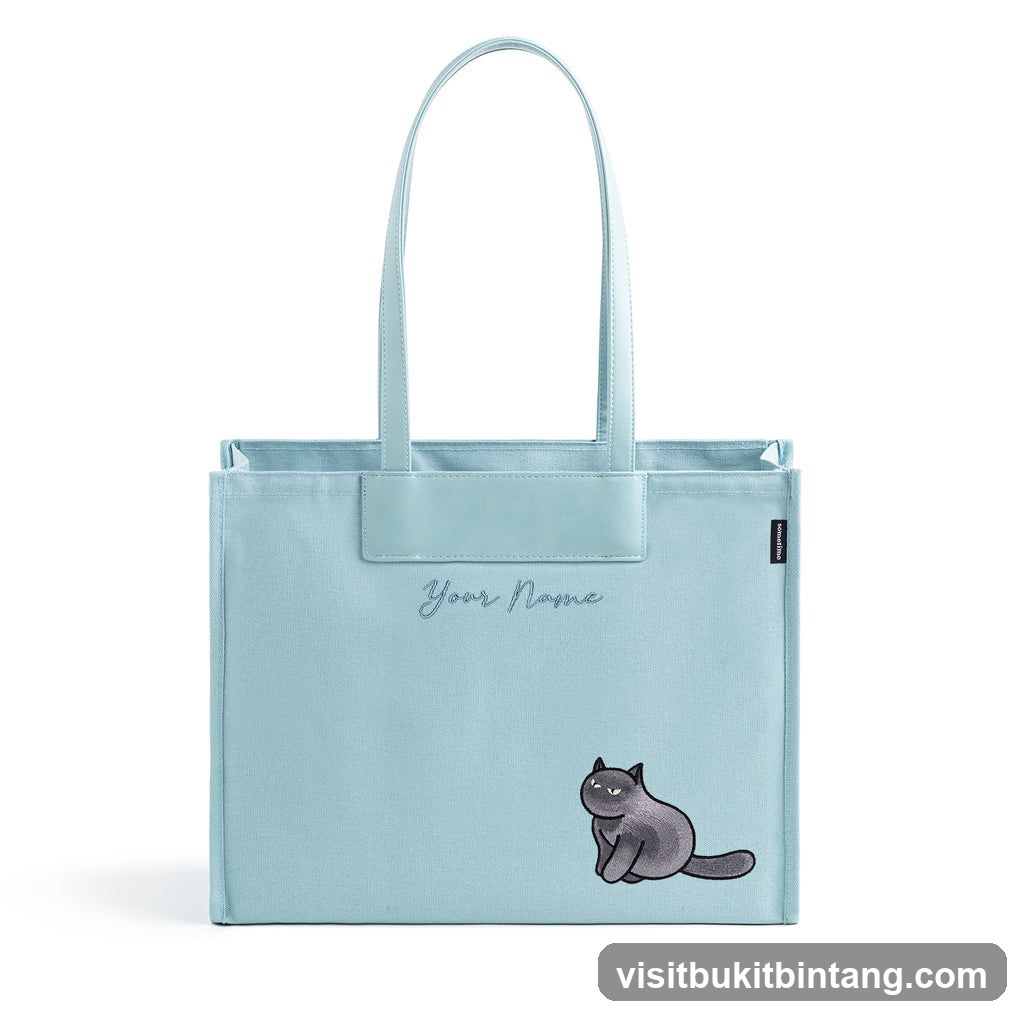 Light Blue Tote Bag with Cat Design