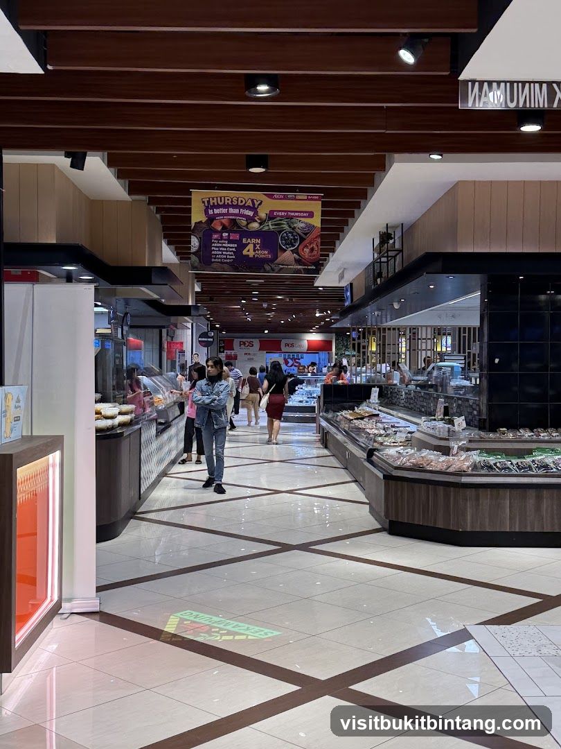 Supermarket aisle with fresh produce and meat displays