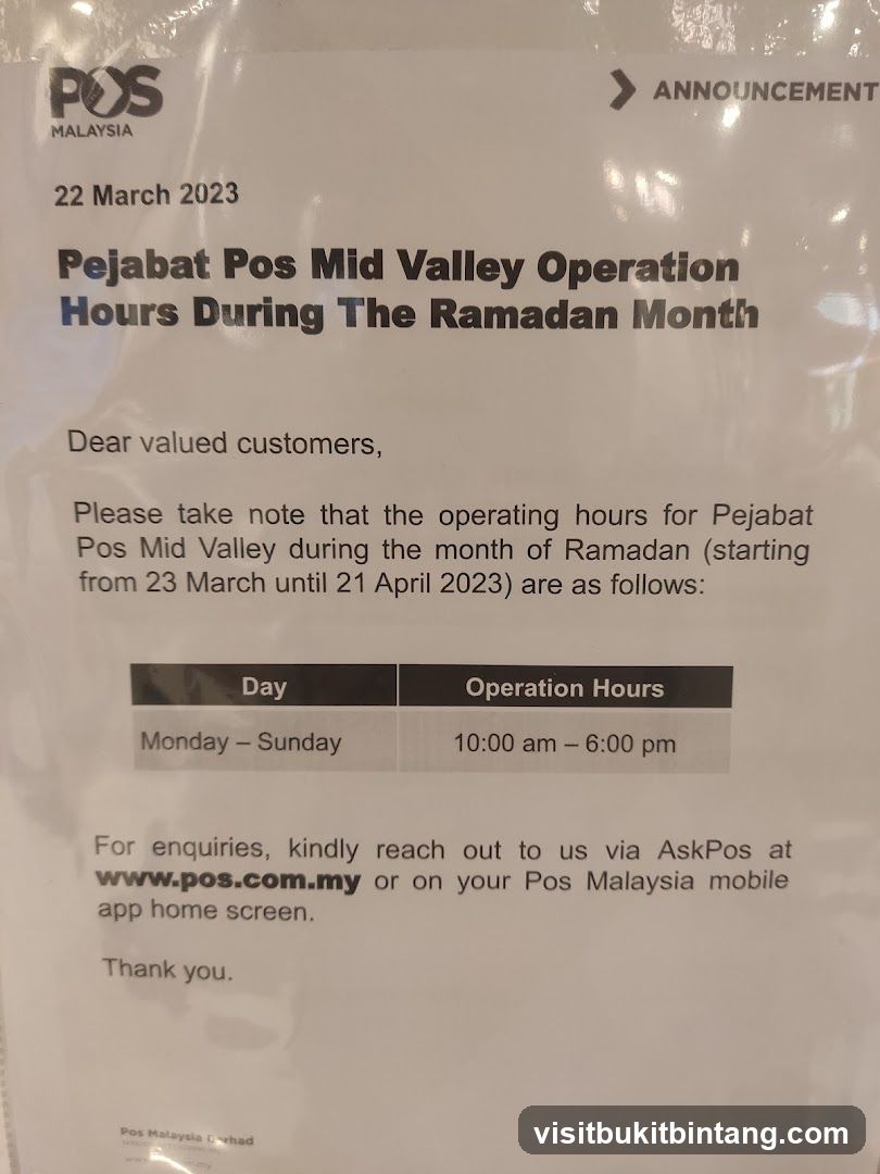 Pos Malaysia Ramadan Operating Hours Announcement