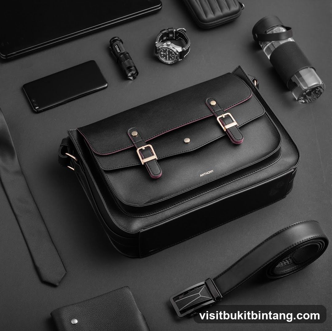 Black Leather Messenger Bag and Accessories