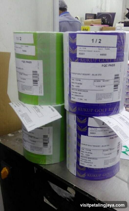 Rolls of printed labels on a table
