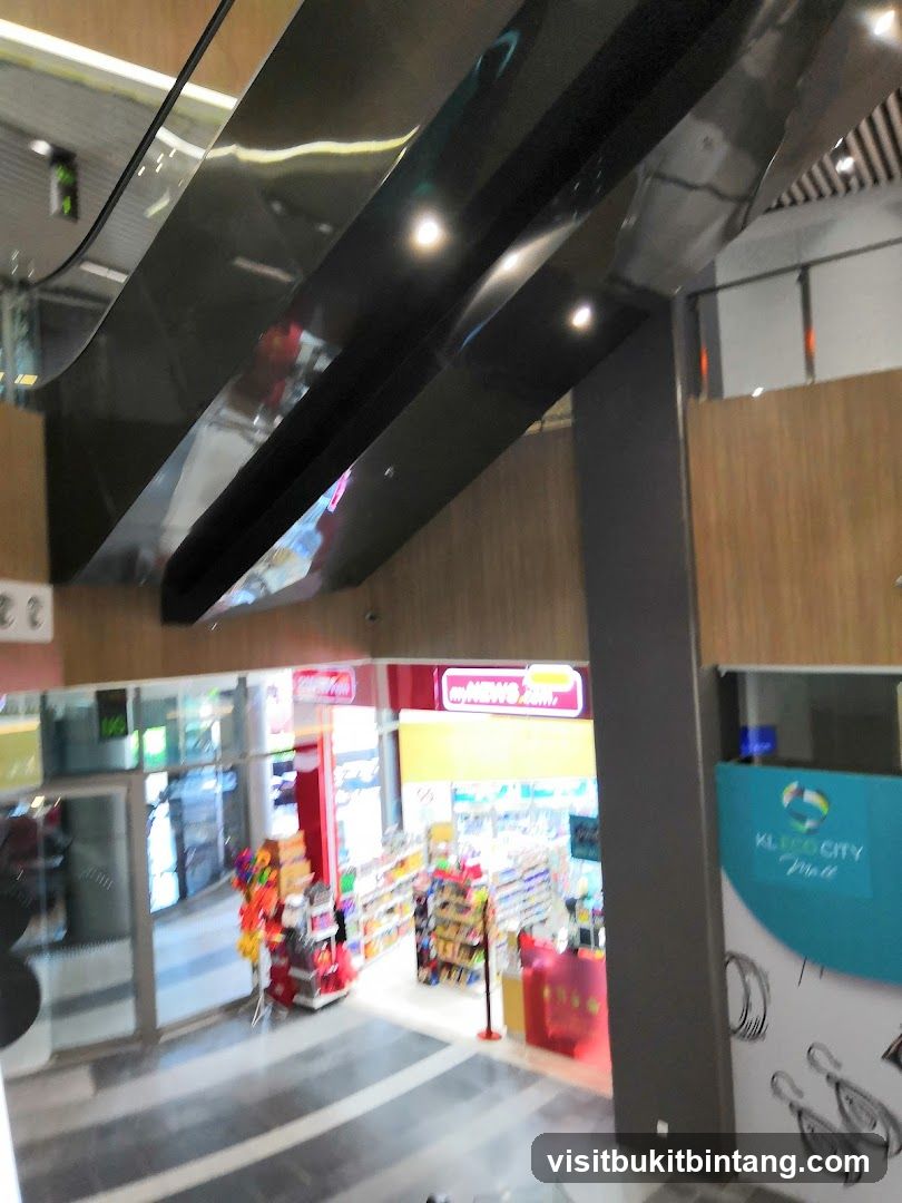Interior of a shopping mall with a newsstand