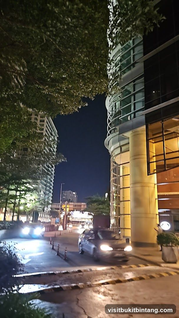 Nighttime street view with modern architecture