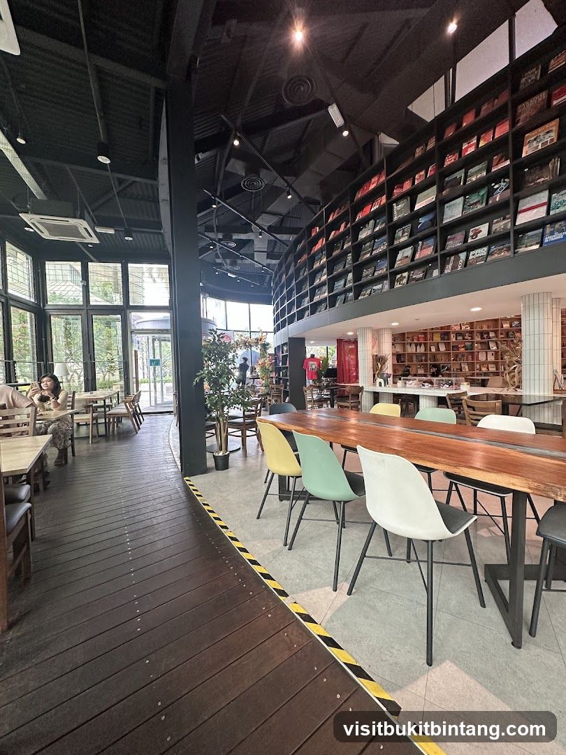 Interior of a cafe with bookshelves
