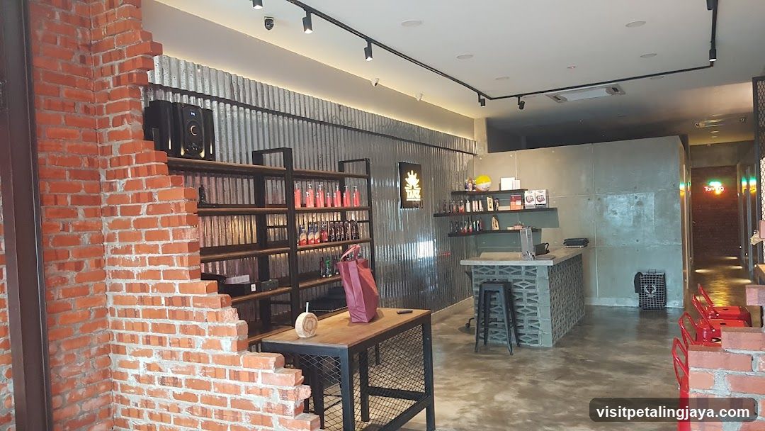 Interior of a modern shop with brick and metal decor