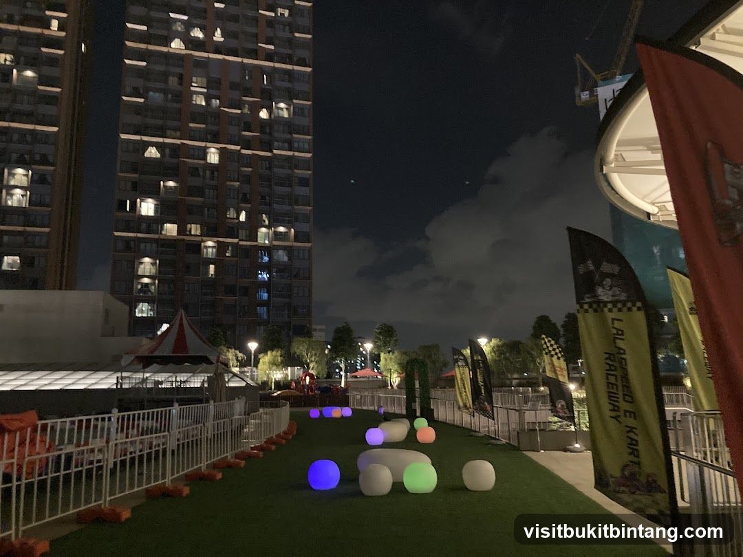 Outdoor entertainment area at night