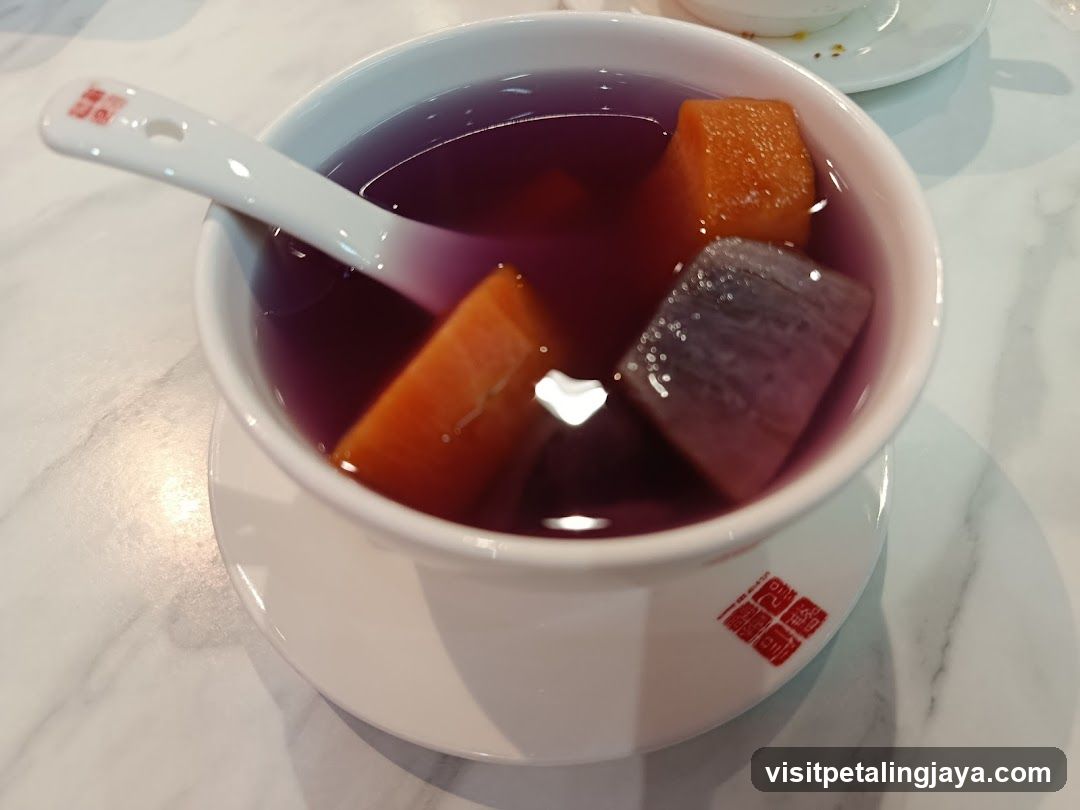 Purple Sweet Potato Soup with Taro and Orange Cube