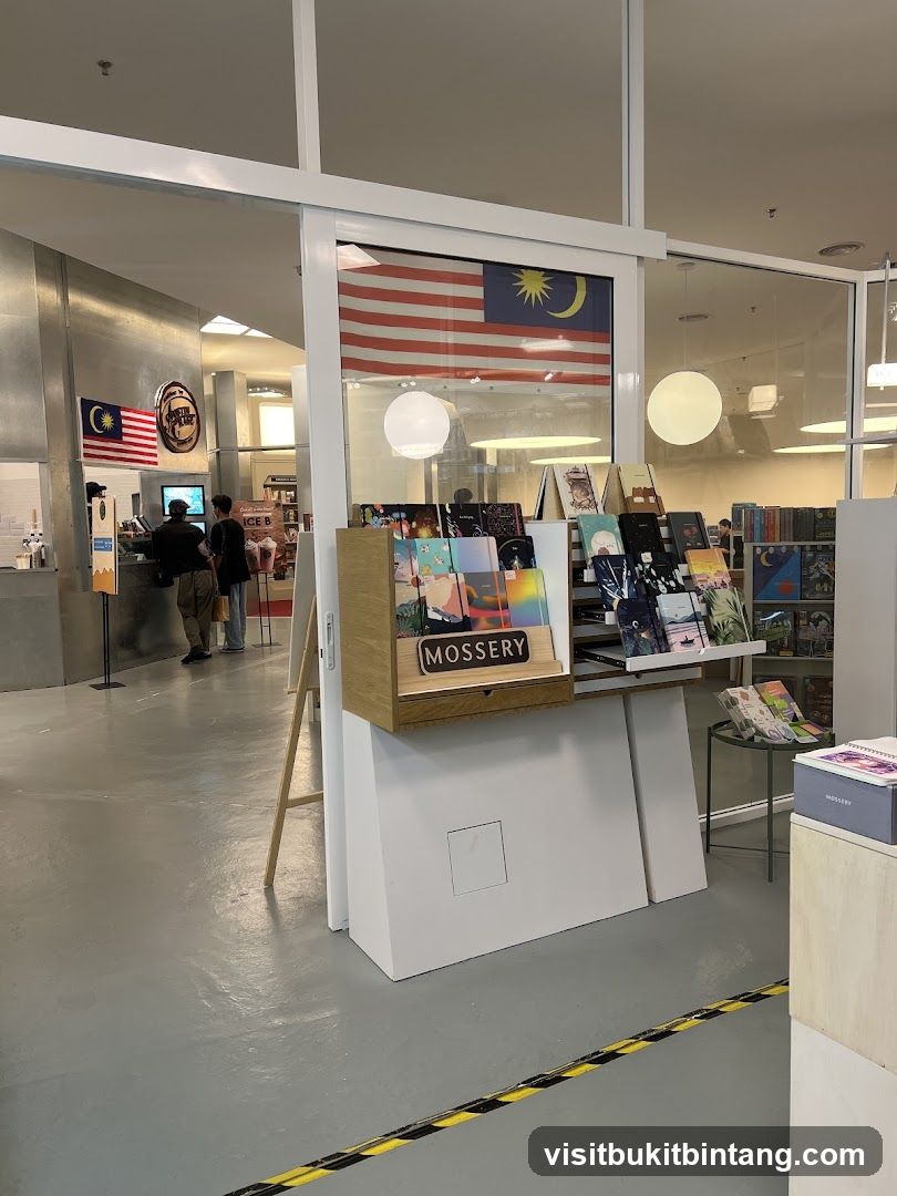 Bookstore interior with Malaysian flags