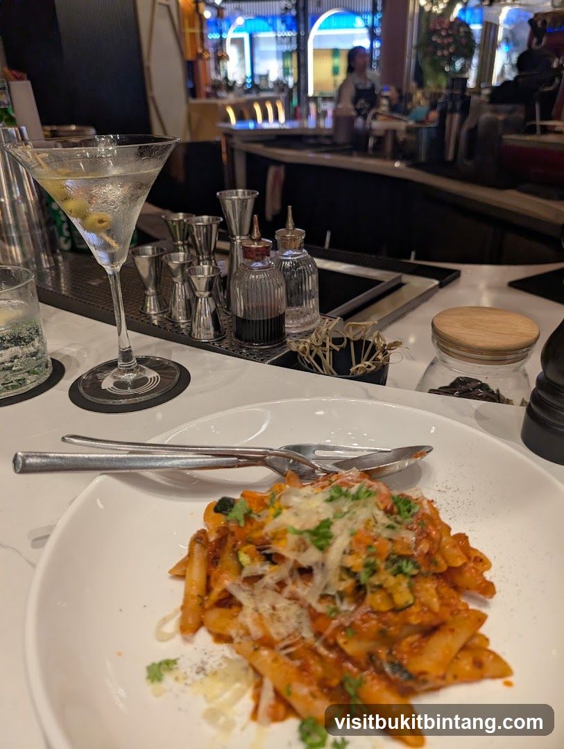 Pasta and Martini at a Bar