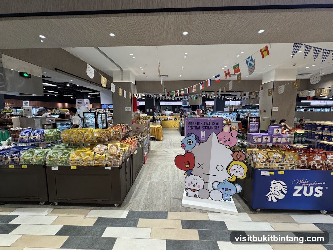 Supermarket aisle with merchandise and decorations