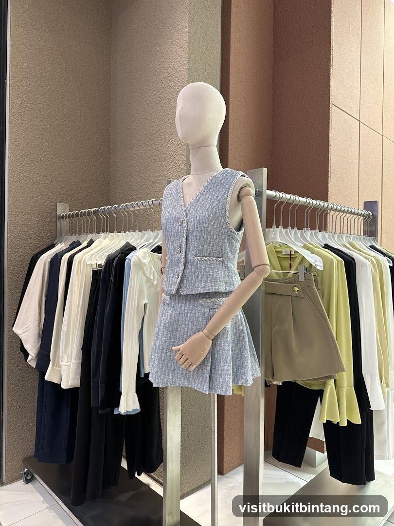 Mannequin in a light blue tweed vest and skirt set