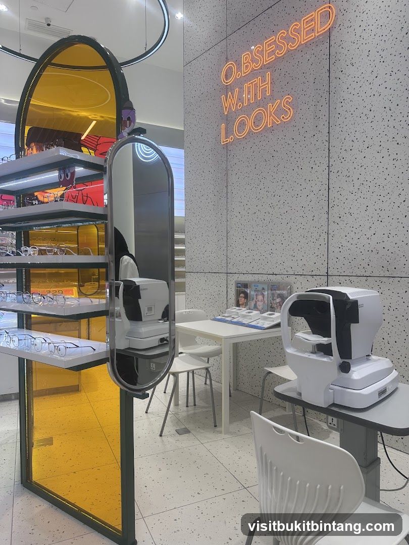Eyewear store interior with neon sign