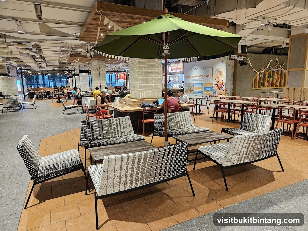Indoor seating area with tables and chairs