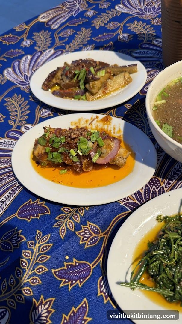 Dishes on a patterned tablecloth