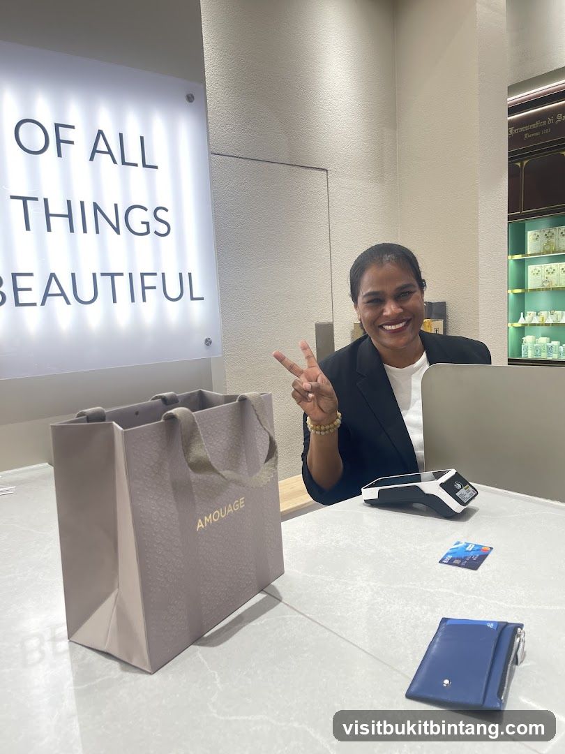 Woman at Counter with Shopping Bag