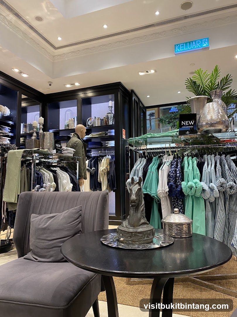 Clothing store interior with seating area
