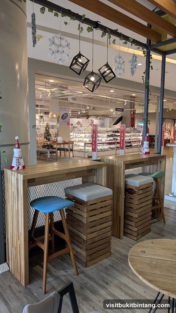 Cafe seating area with view of store