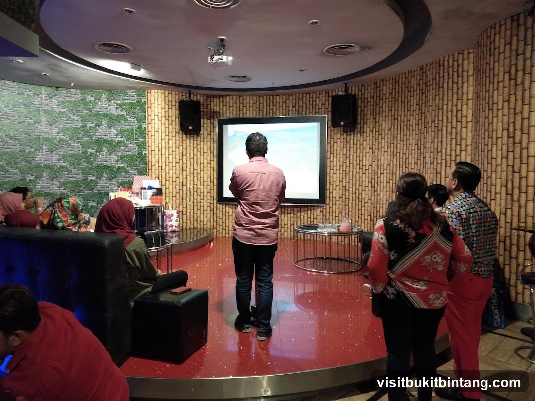 Karaoke room with screen and audience