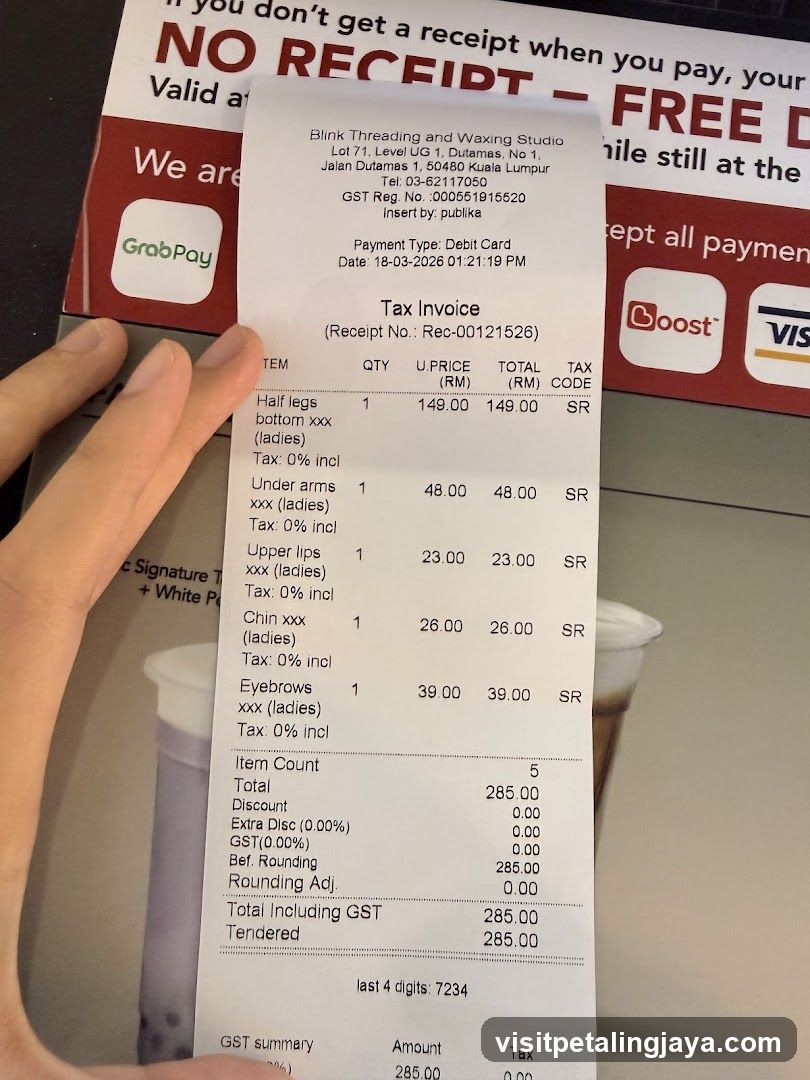 Receipt from Blink Threading and Waxing Studio