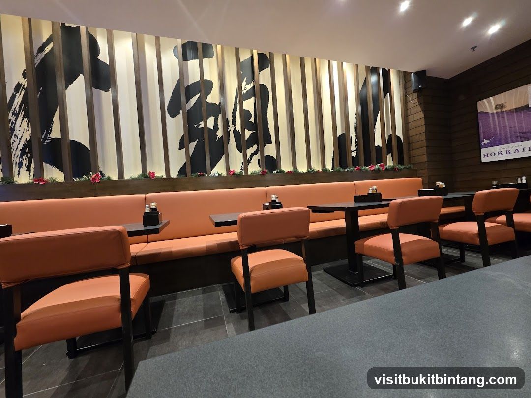 Restaurant Interior with Orange Seating and Japanese Art