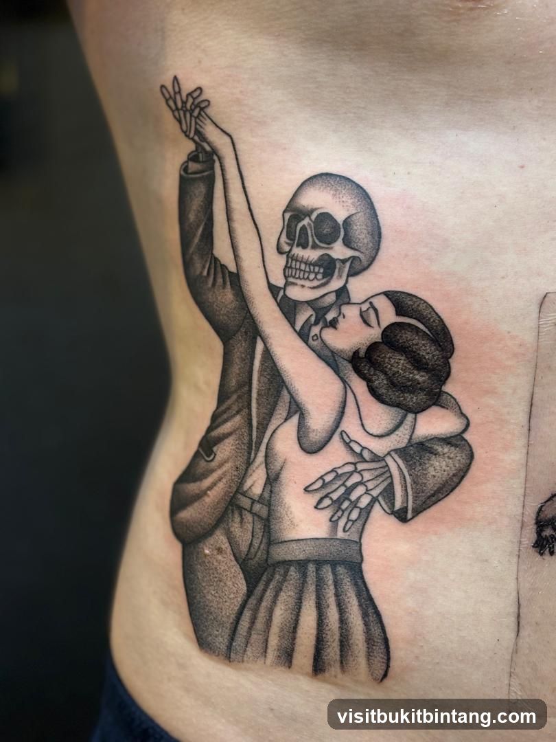Tattoo of a skeleton dancing with a woman