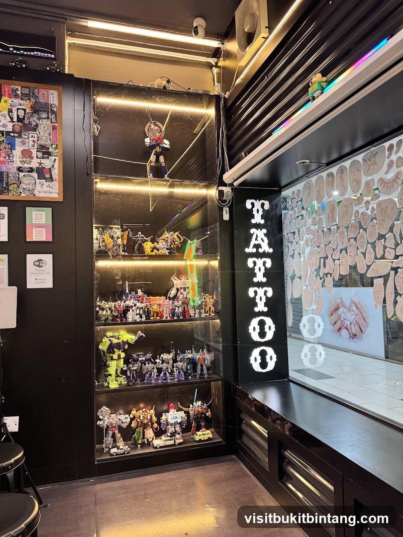 Tattoo shop interior with display shelves