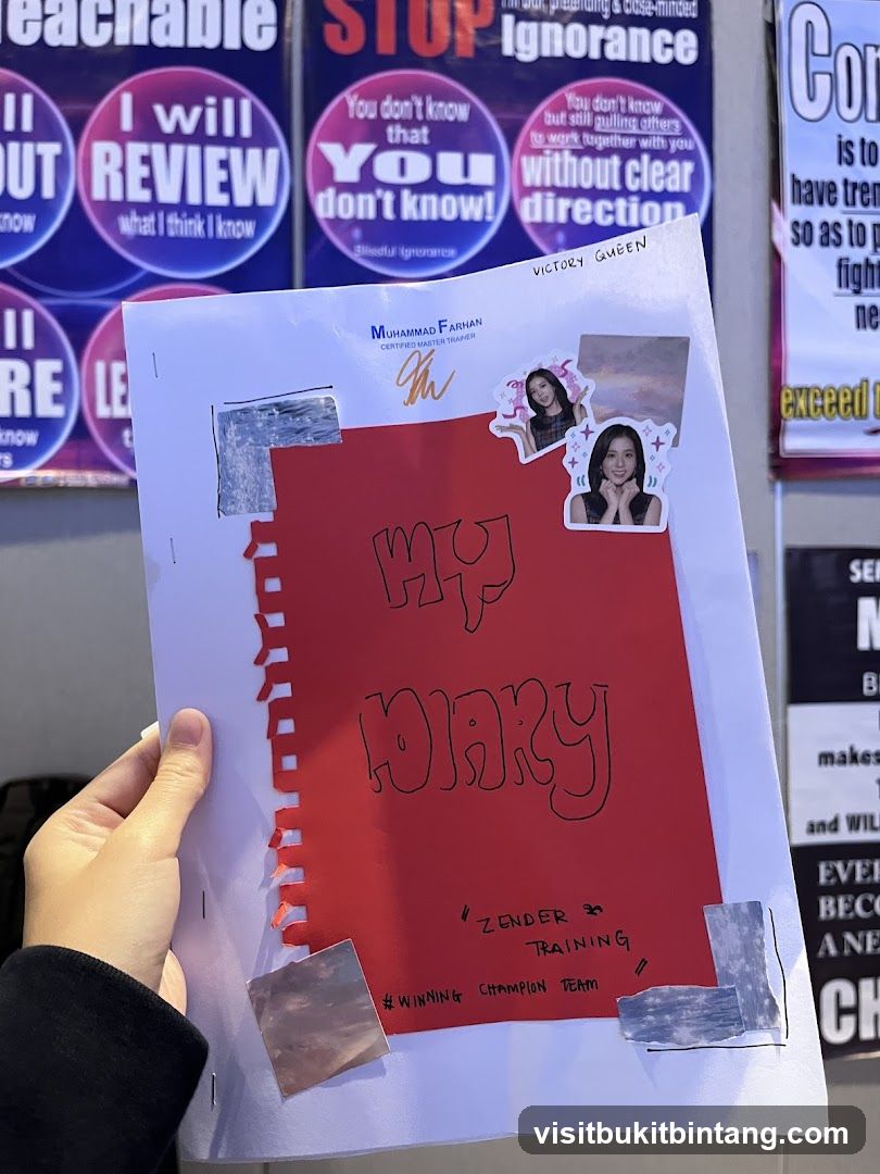 Hand holding a diary with motivational posters in the background