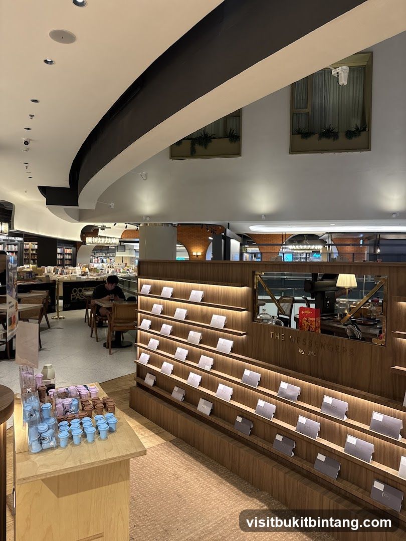 Interior of a store with display shelves and seating area