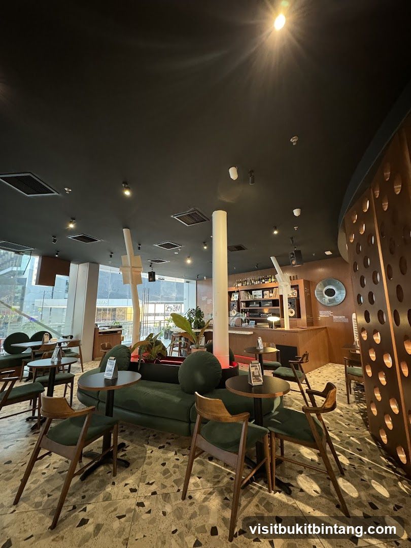Modern Cafe Interior with Green Seating