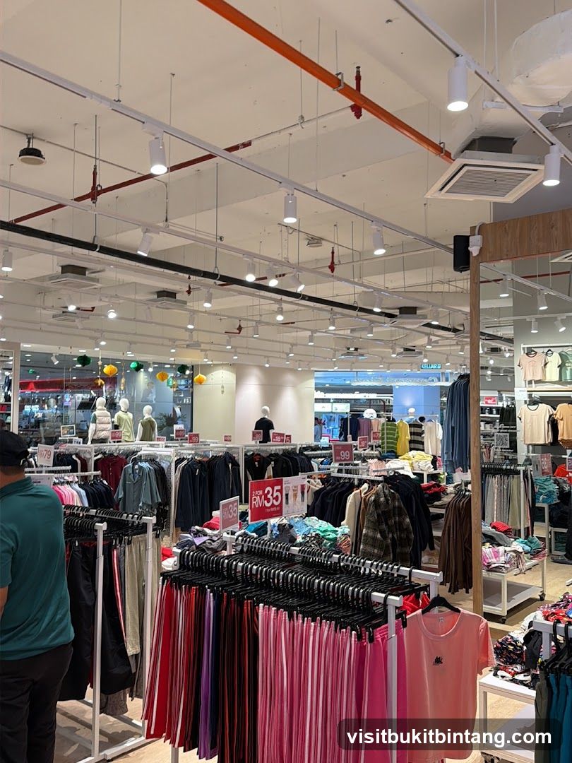 Clothing store interior with racks of apparel