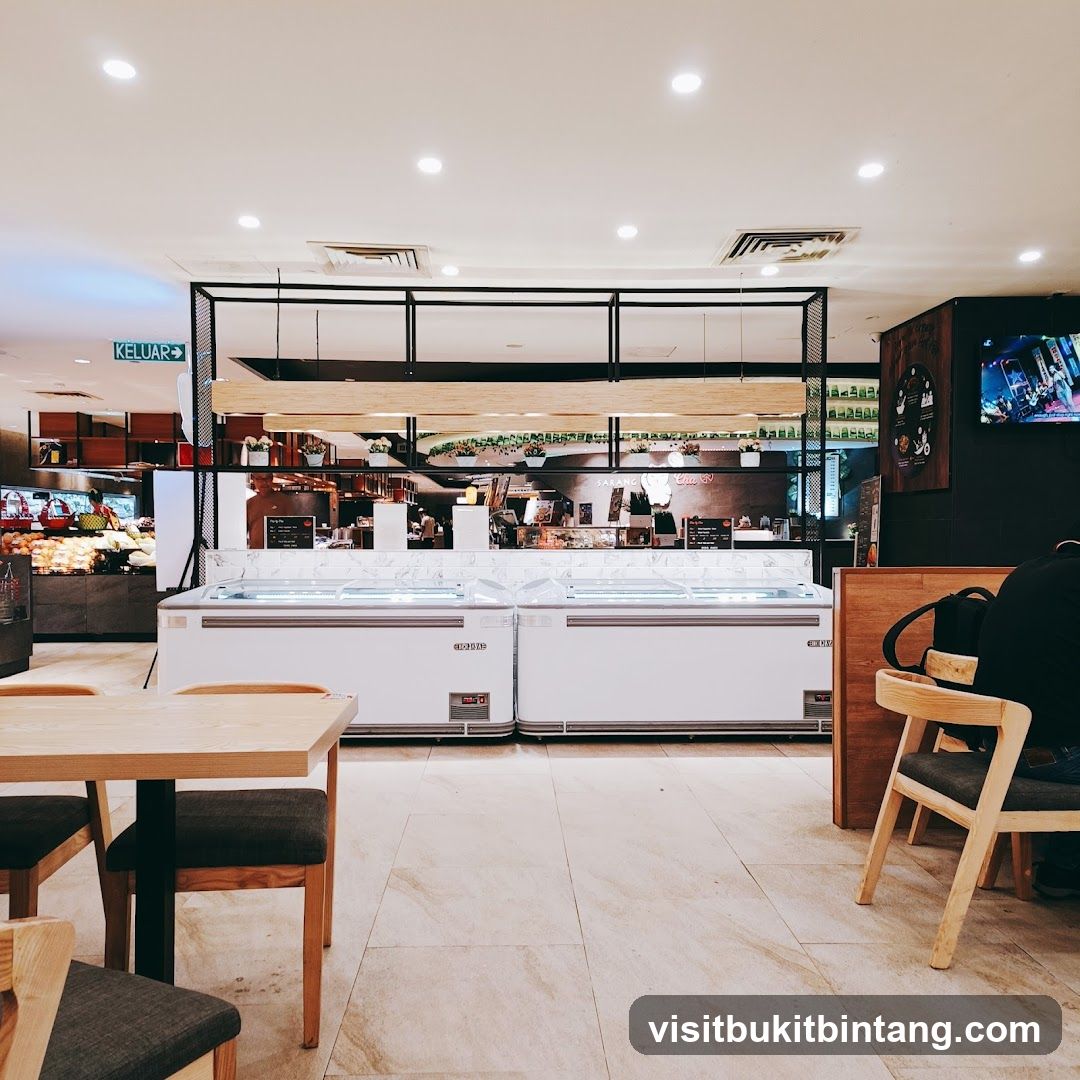Supermarket Interior with Refrigerators and Seating Area