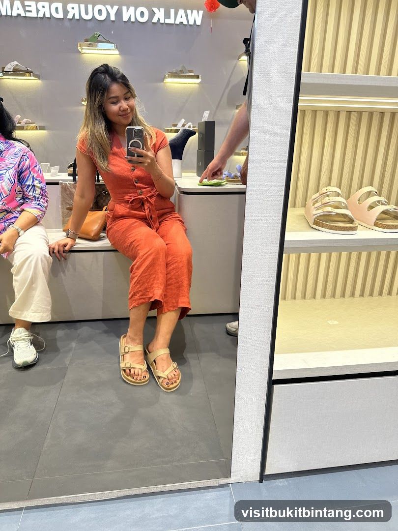 Woman trying on sandals in a shoe store