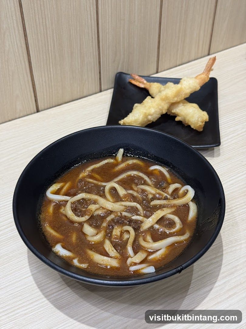 Udon with Minced Meat and Tempura Shrimp